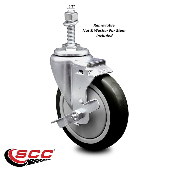 Service Caster 5 Inch Black Polyurethane Wheel Swivel 3/8 Inch Threaded Stem Caster with Brake SCC-TS20S514-PPUB-BLK-TLB-381615 - main